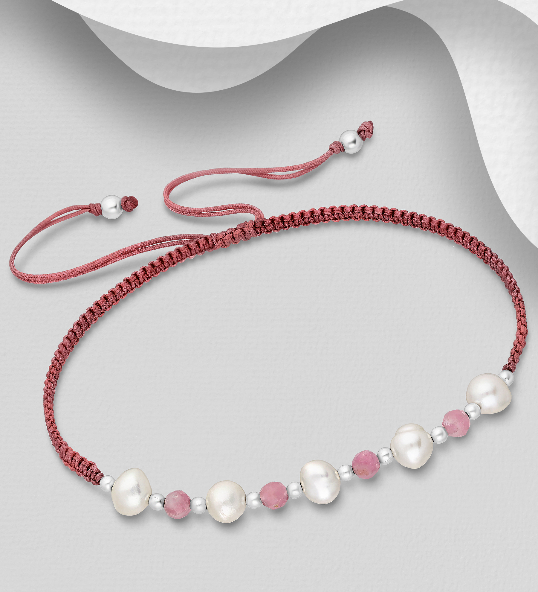 Wholesale 925 Sterling Silver Adjustable Thread Bracelet, Beaded with Freshwater Pearls and Gemstone Beads - SKU #382-6600