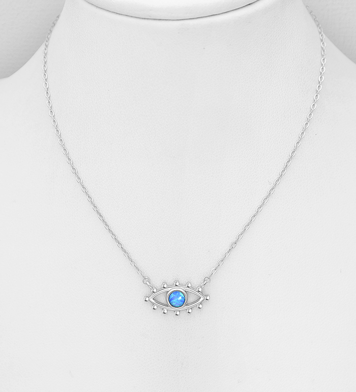 Wholesale 925 Sterling Silver Eye Necklace, Decorated with Lab-Created Opal - SKU #1479-1590