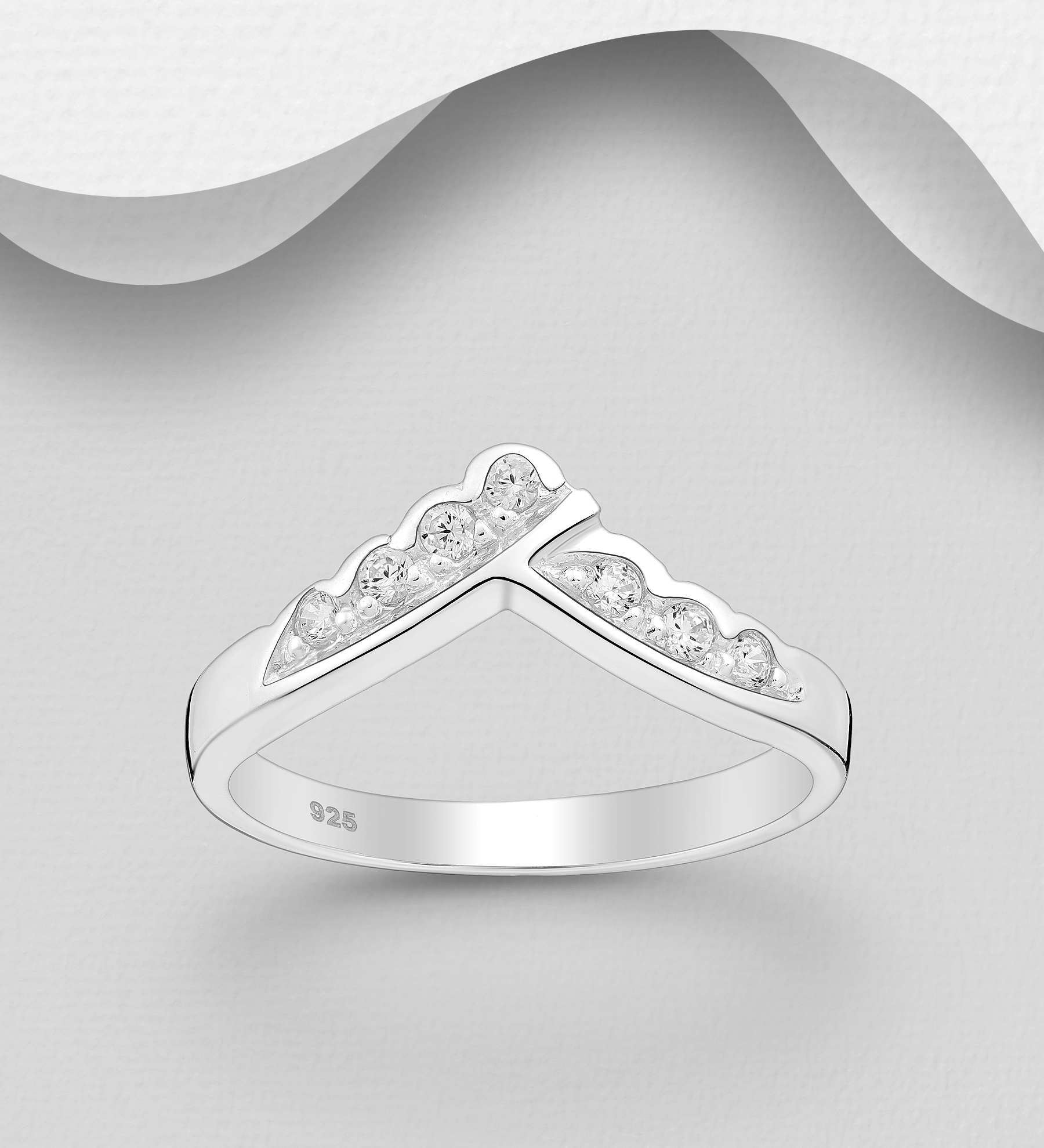 Wholesale 925 Sterling Silver Chevron Ring, Decorated with CZ Simulated Diamonds - SKU #701-30208