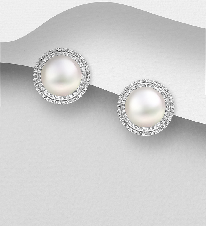 Wholesale 925 Sterling Silver Push-Back Earrings, Decorated with Freshwater Pearls and CZ Simulated Diamonds - SKU #382-6605