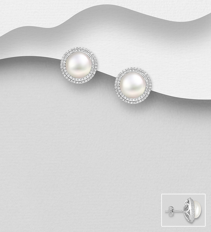 Wholesale 925 Sterling Silver Push-Back Earrings, Decorated with Freshwater Pearls and CZ Simulated Diamonds - SKU #382-6605