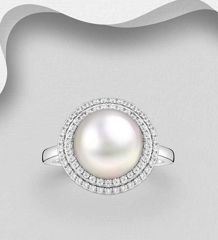 Wholesale 925 Sterling Silver Ring, Decorated with Freshwater Pearl and CZ Simulated Diamonds - SKU #382-6606