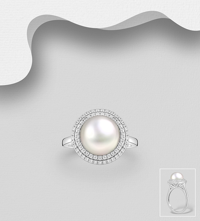 Wholesale 925 Sterling Silver Ring, Decorated with Freshwater Pearl and CZ Simulated Diamonds - SKU #382-6606