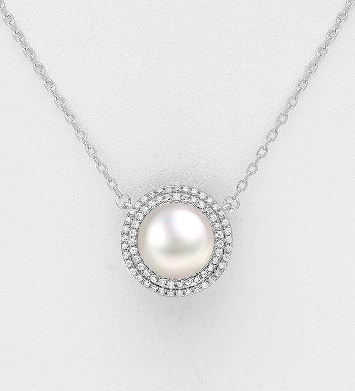 Wholesale 925 Sterling Silver Necklace, Decorated with Freshwater Pearl and CZ Simulated Diamonds - SKU #382-6607