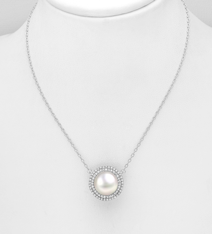 Wholesale 925 Sterling Silver Necklace, Decorated with Freshwater Pearl and CZ Simulated Diamonds - SKU #382-6607