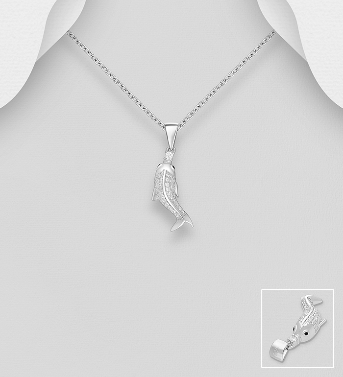 Wholesale 925 Sterling Silver Fish Pendant, Decorated with CZ Simulated Diamonds - SKU #701-30223