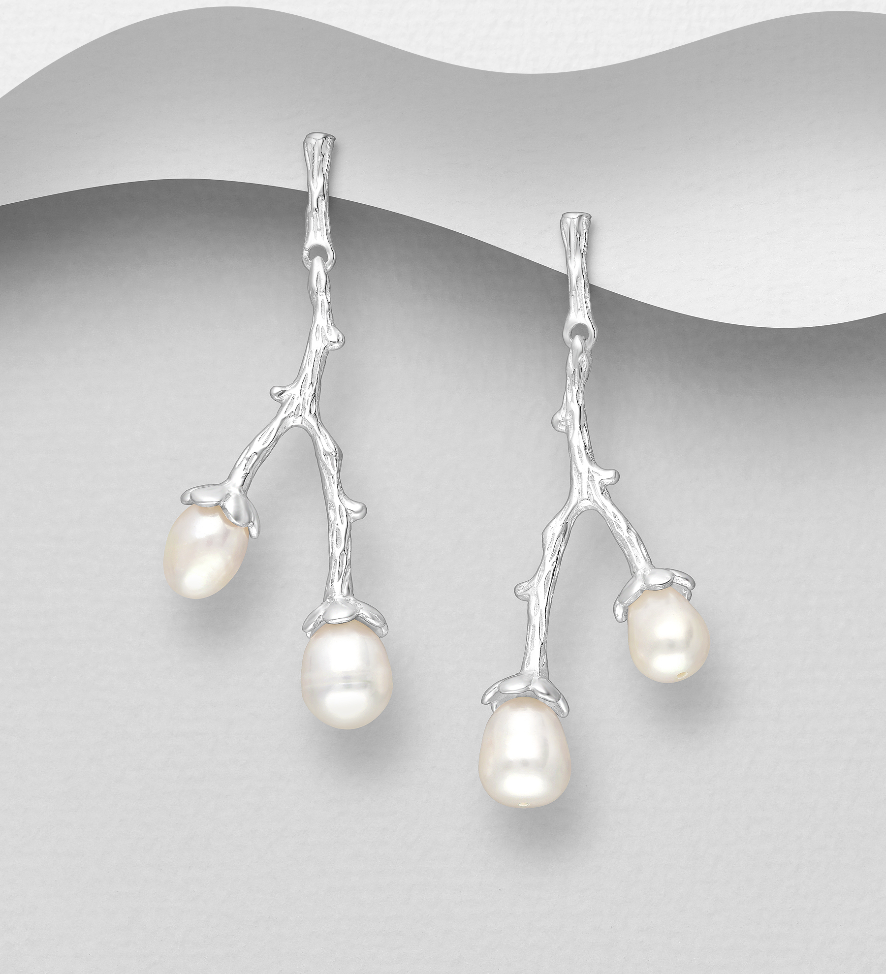 Wholesale 925 Sterling Silver Branch Push-Back Earrings, Decorated with Freshwater Pearls - SKU #382-6613