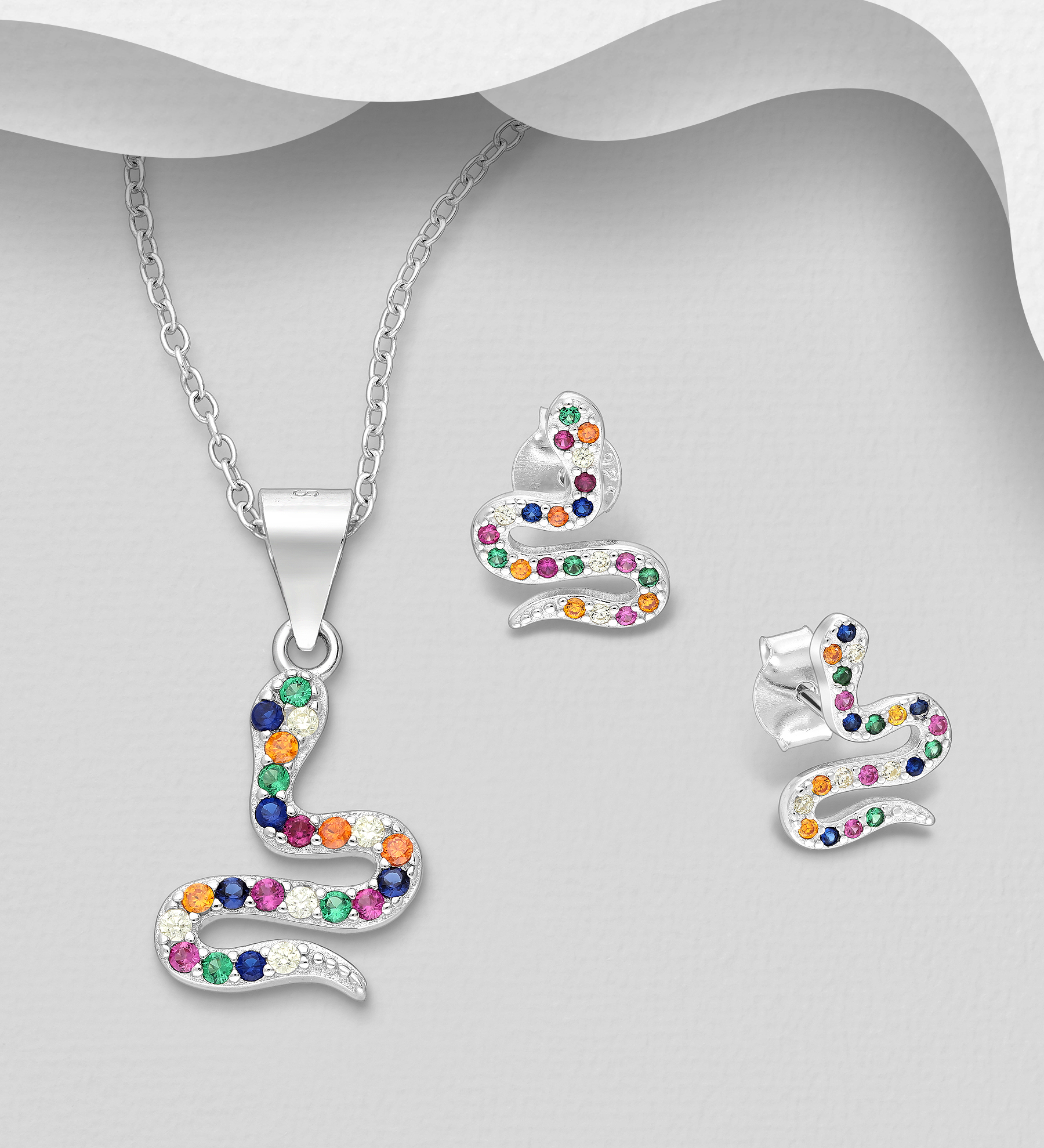 Wholesale 925 Sterling Silver Push-Back Earrings and Pendant Jewelry Set, Decorated with CZ Simulated Diamonds - SKU #848-1620