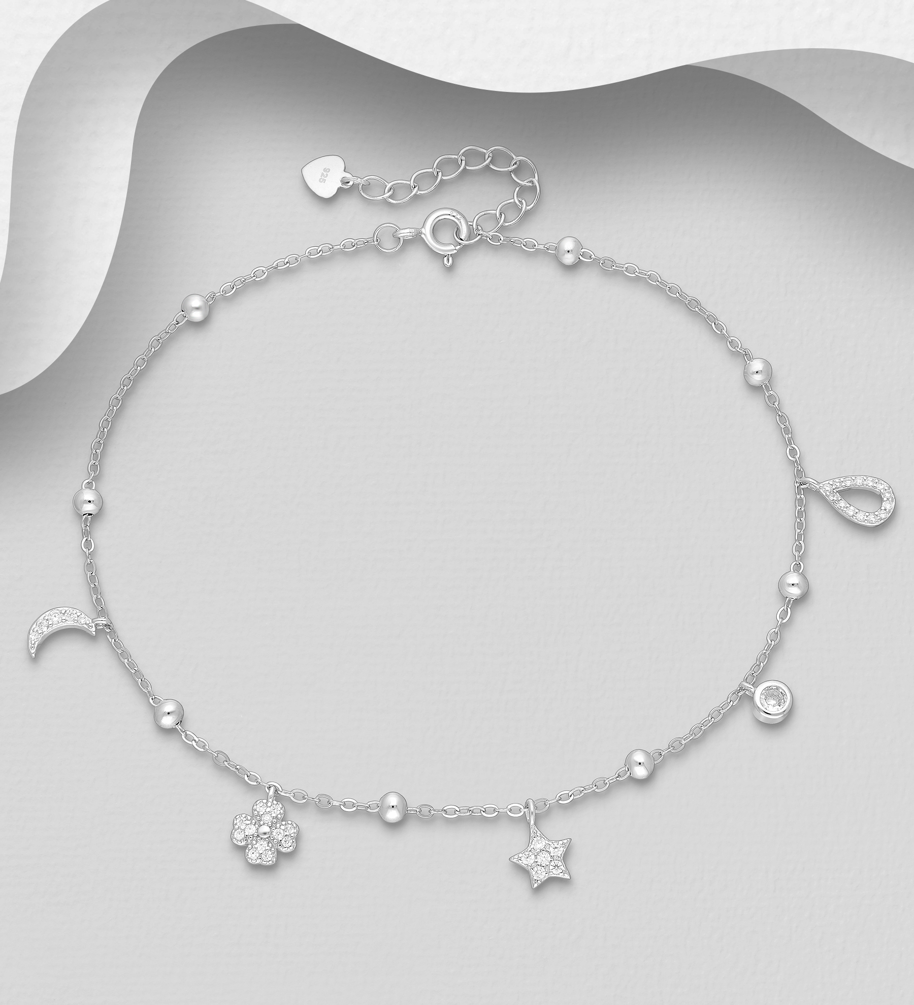 Wholesale 925 Sterling Silver Clover, Moon and Star Anklet, Decorated with CZ Simulated Diamonds - SKU #1562-538