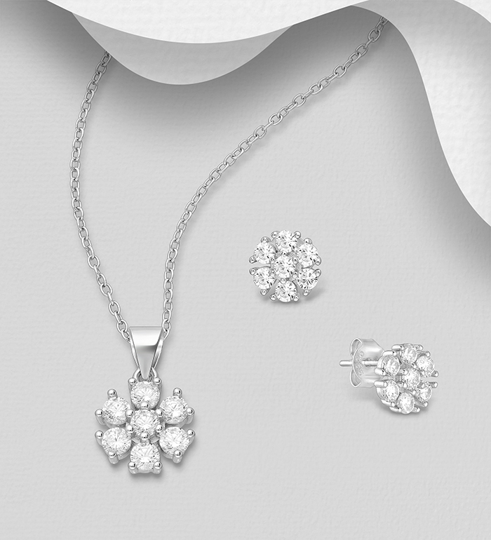 Wholesale 925 Sterling Silver Flower Push-Back Earrings and Pendant Jewelry Set, Decorated with CZ Simulated Diamonds - SKU #848-1622