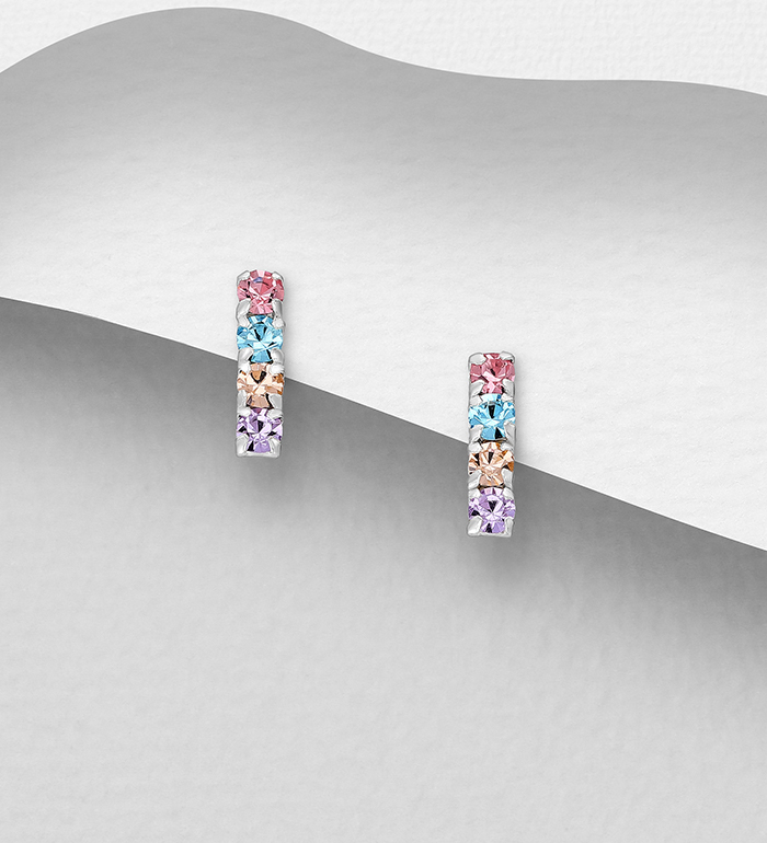 Wholesale 925 Sterling Silver Bar Push-Back Earrings, Decorated with Crystal Glass - SKU #578-2893