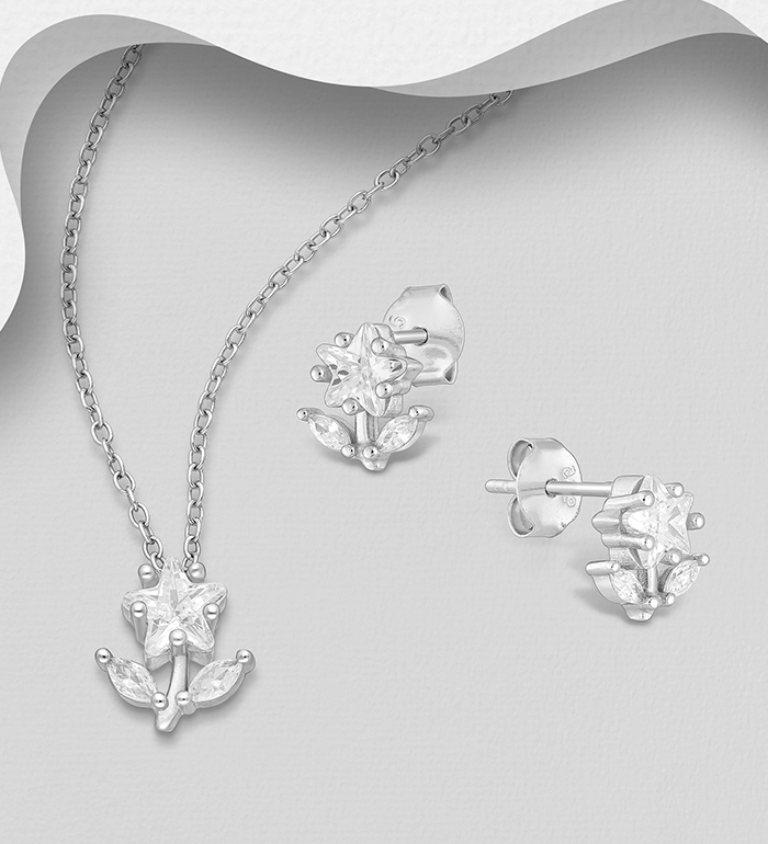 Wholesale 925 Sterling Silver Star Flower Push-Back Earrings and Pendant Jewelry set, Decorated with CZ Simulated Diamonds - SKU #848-1626