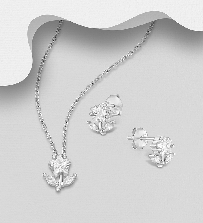 Wholesale 925 Sterling Silver Star Flower Push-Back Earrings and Pendant Jewelry set, Decorated with CZ Simulated Diamonds - SKU #848-1626