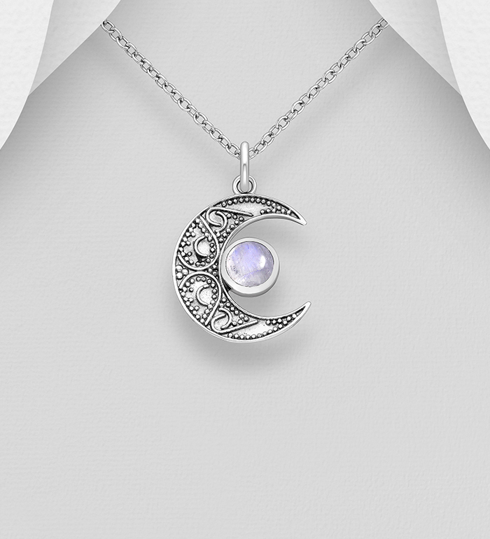 Wholesale 925 Sterling Silver Oxidized Moon Pendant, Decorated with Various Gemstones - SKU #883-9700