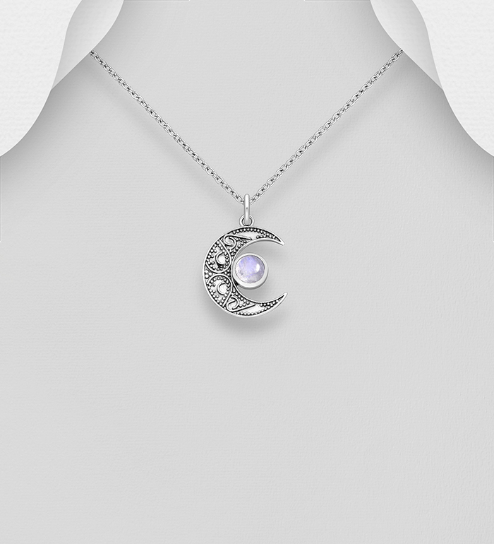 Wholesale 925 Sterling Silver Oxidized Moon Pendant, Decorated with Various Gemstones - SKU #883-9700