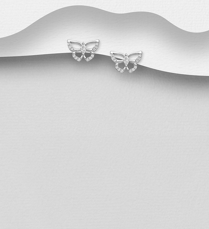 Wholesale 925 Sterling Silver Butterfly Push-Back Earrings, Decorated with CZ Simulated Diamonds - SKU #701-30338