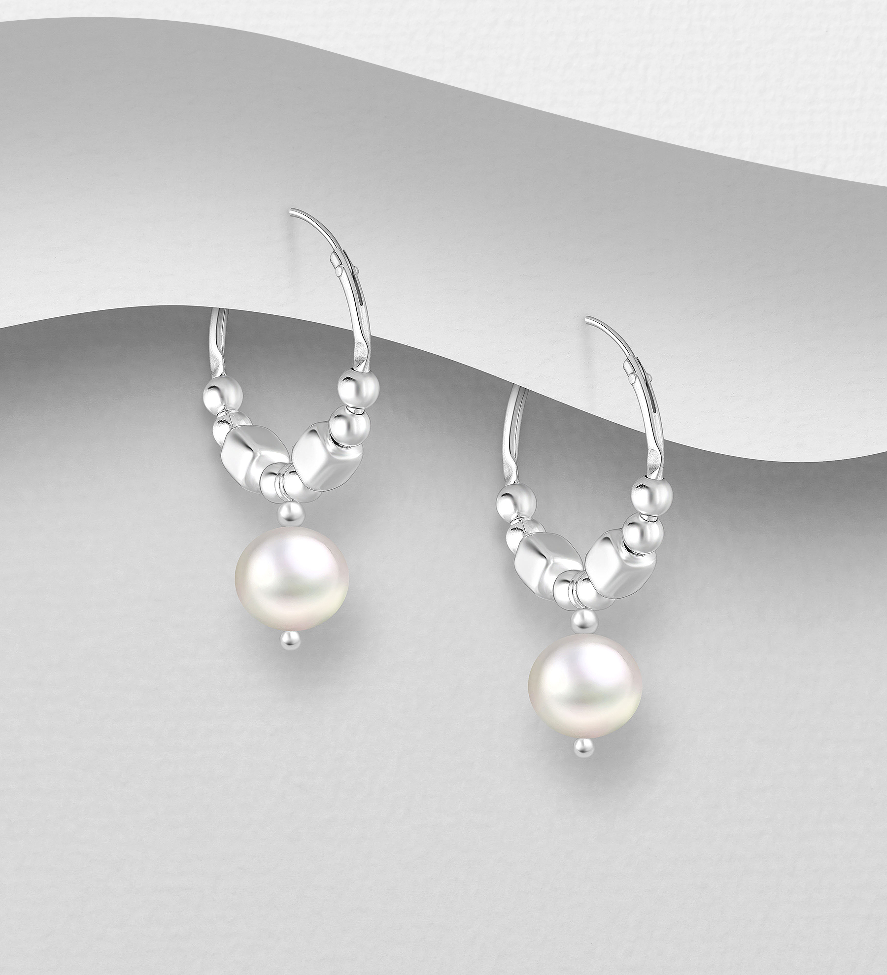 Wholesale 925 Sterling Silver Ball and Square Bead Hoop Earrings, Beaded with Freshwater Pearls - SKU #382-6639