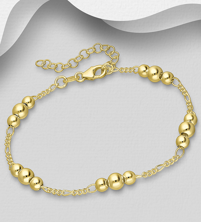 ITALIAN DELIGHT - Wholesale 925 Sterling Silver Ball Bracelet, Plated with 0.5 Micron 18K Yellow Gold, Ball Width is 4, 5 mm Wide, Made in Italy. - SKU #706-39001G