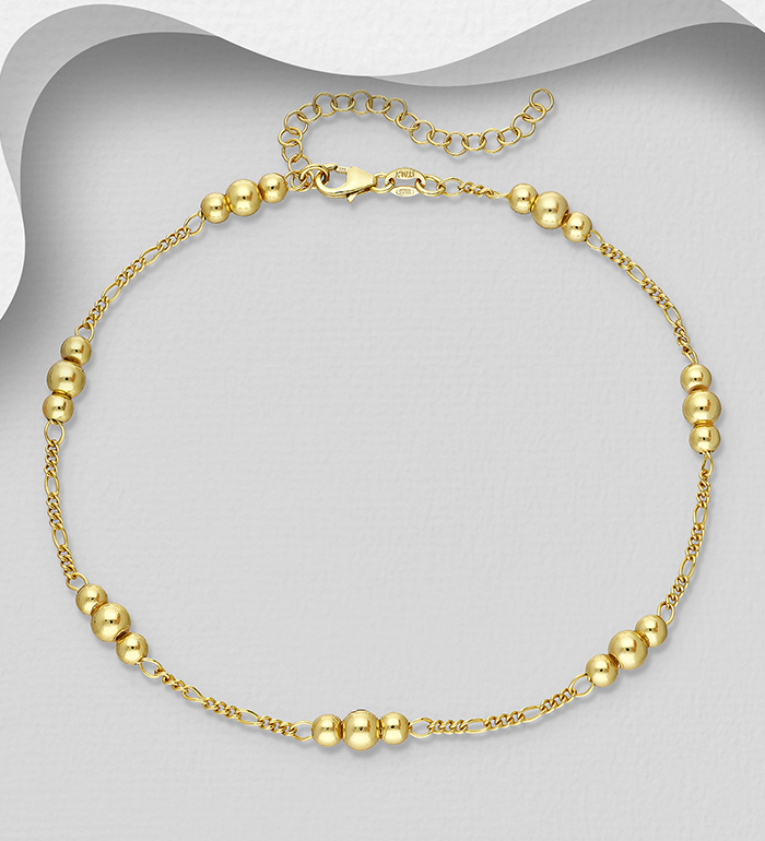 ITALIAN DELIGHT - Wholesale 925 Sterling Silver Ball Anklet, Plated with 0.5 Micron 18K Yellow Gold, Ball Width is 4, 5 mm Wide, Made in Italy. - SKU #1562-543G