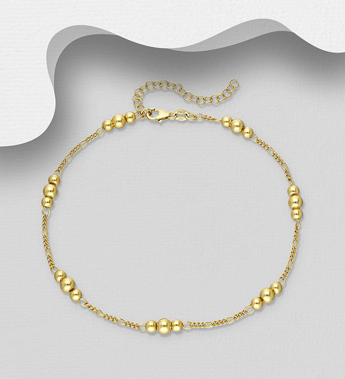 ITALIAN DELIGHT - Wholesale 925 Sterling Silver Ball Anklet, Plated with 0.5 Micron 18K Yellow Gold, Ball Width is 4, 5 mm Wide, Made in Italy. - SKU #1562-543G