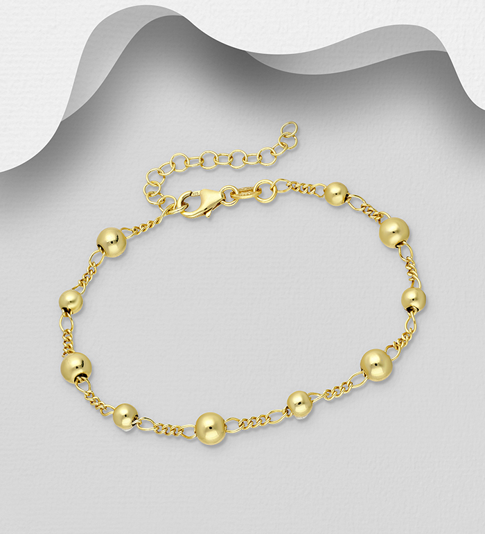 ITALIAN DELIGHT - Wholesale 925 Sterling Silver Ball Bracelet, Plated with 0.5 Micron 18K Yellow Gold, Ball Width is 4, 5 mm Wide, Made in Italy. - SKU #1535-1592
