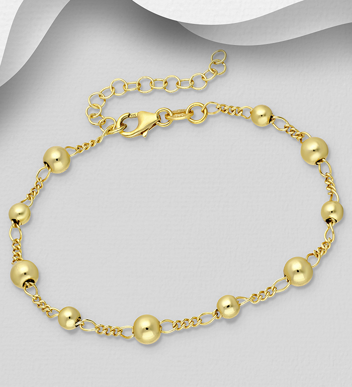 ITALIAN DELIGHT - Wholesale 925 Sterling Silver Ball Bracelet, Plated with 0.5 Micron 18K Yellow Gold, Ball Width is 4, 5 mm Wide, Made in Italy. - SKU #1535-1592