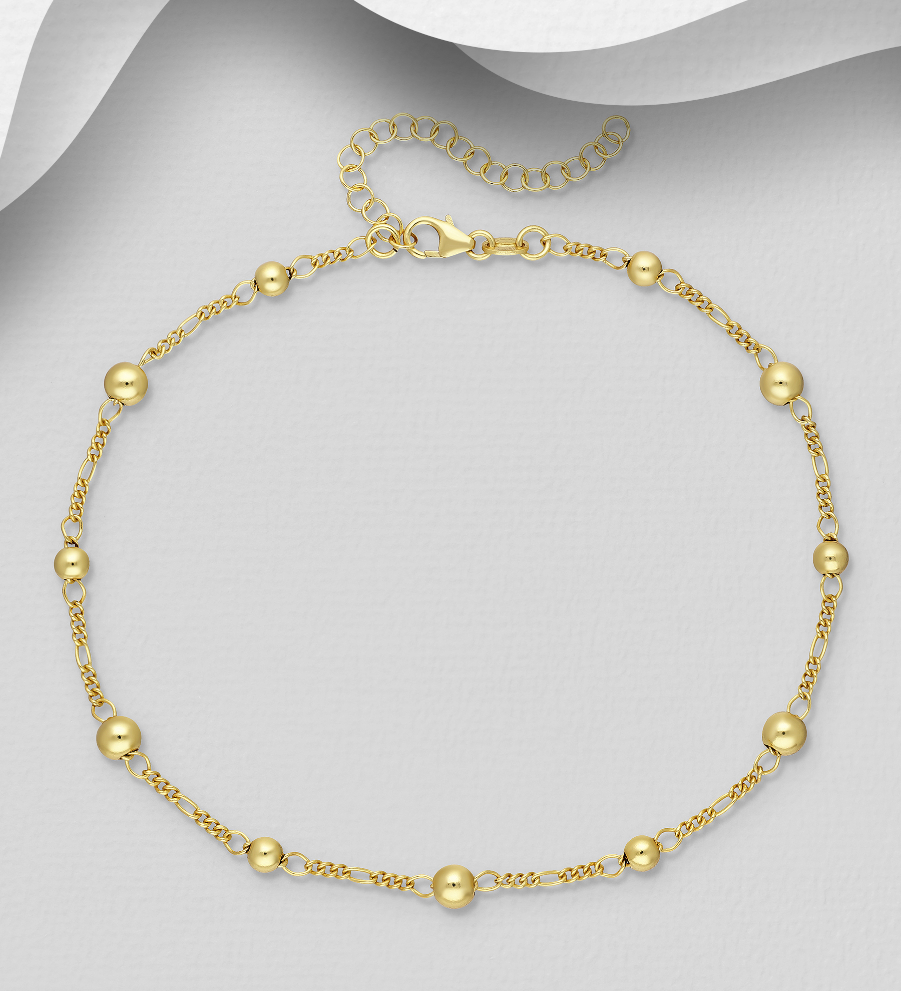 ITALIAN DELIGHT - Wholesale 925 Sterling Silver Ball Anklet, Plated with 0.5 Micron 18K Yellow Gold, Ball Width is 4, 5 mm Wide, Made in Italy. - SKU #1535-1593