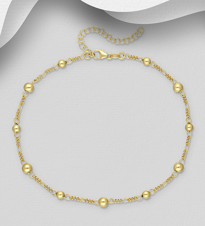 ITALIAN DELIGHT - Wholesale 925 Sterling Silver Ball Anklet, Plated with 0.5 Micron 18K Yellow Gold, Ball Width is 4, 5 mm Wide, Made in Italy. - SKU #1535-1593