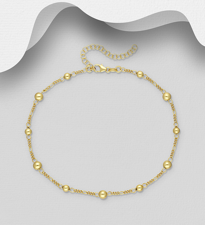 ITALIAN DELIGHT - Wholesale 925 Sterling Silver Ball Anklet, Plated with 0.5 Micron 18K Yellow Gold, Ball Width is 4, 5 mm Wide, Made in Italy. - SKU #1535-1593