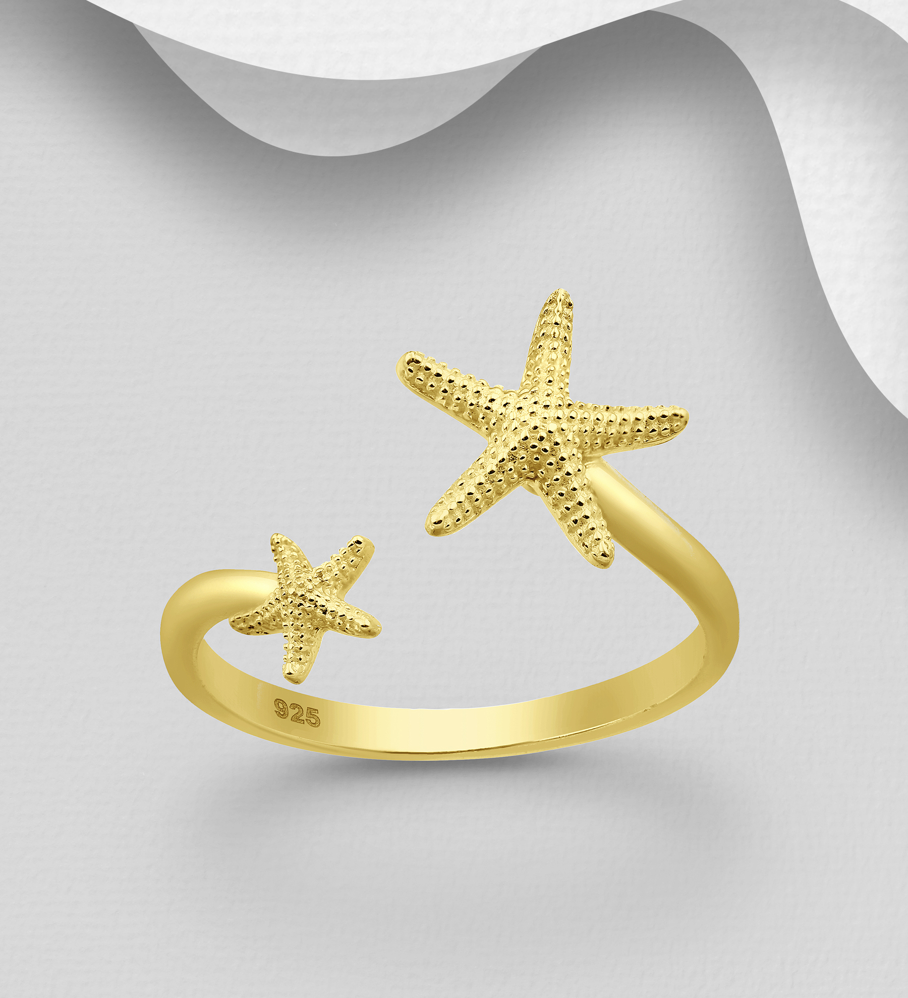 Wholesale 925 Sterling Silver Starfish Adjustable Ring, Plated with 1 Micron 18K Yellow Gold - SKU #1063-1092G