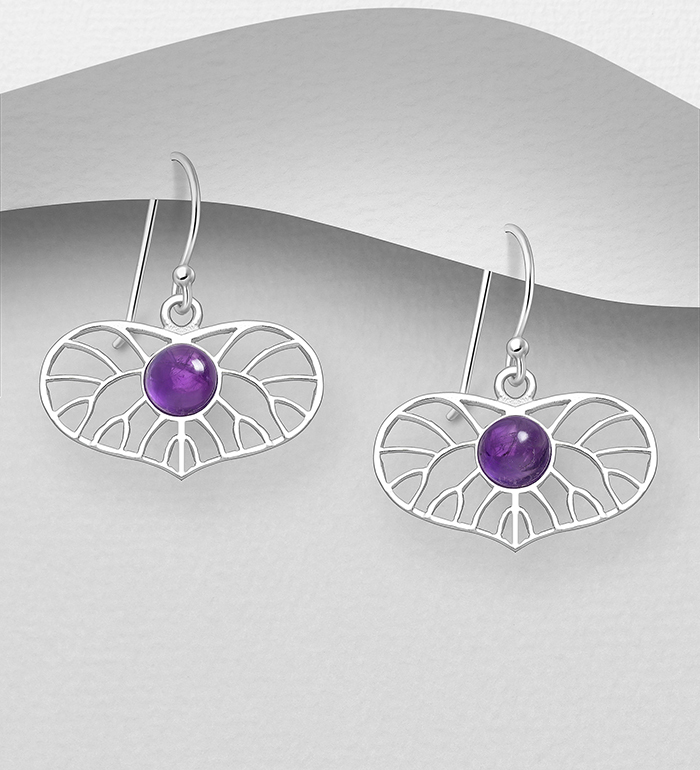 Wholesale 925 Sterling Silver Leaf Hook Earrings, Decorated with Amethyst - SKU #883-9762