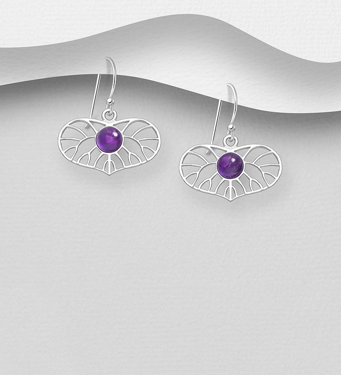 Wholesale 925 Sterling Silver Leaf Hook Earrings, Decorated with Amethyst - SKU #883-9762