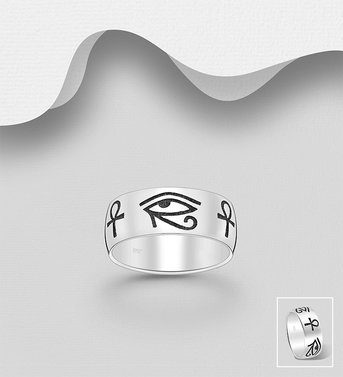 Wholesale 925 Sterling Silver Oxidized The Eye Of Horus and Egyptian Cross Ring - SKU #1563-1610