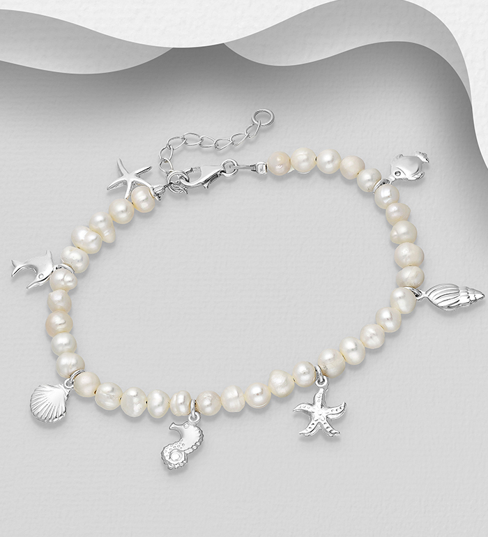 Wholesale 925 Sterling Silver Fish, Seahorse,  Shell, Starfish Bracelet, Beaded with Freshwater Pearls - SKU #382-6677