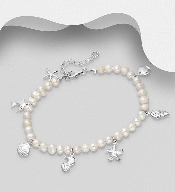 Wholesale 925 Sterling Silver Fish, Seahorse,  Shell, Starfish Bracelet, Beaded with Freshwater Pearls - SKU #382-6677
