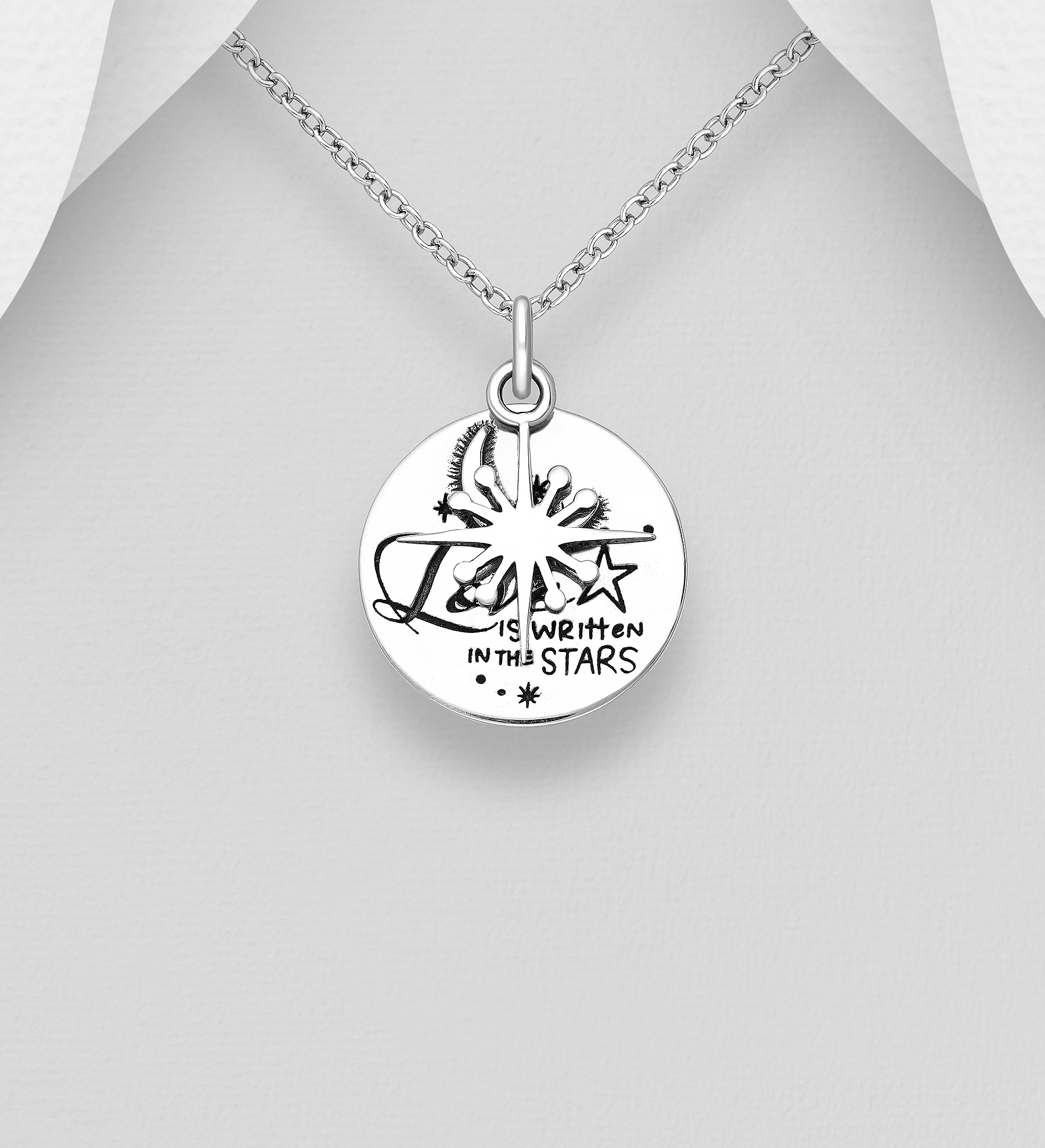 Wholesale 925 Sterling Silver Oxidized Love is Written IN THE STARS, Moon and Star Pendant - SKU #706-39149