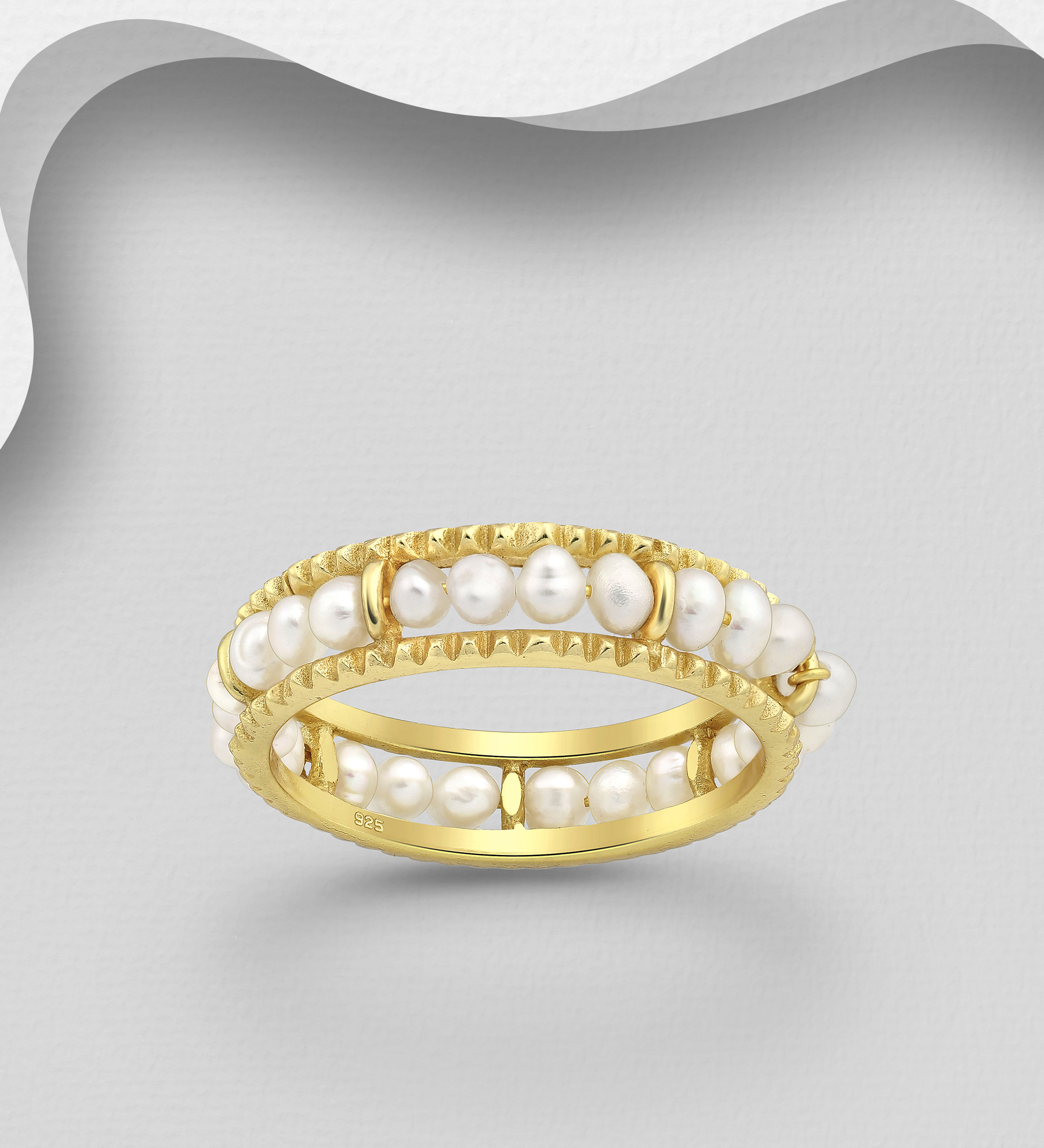 Desire by 7K - Wholesale 925 Sterling Silver Ring, Beaded with Freshwater Pearls, Plated with 0.3 Micron 18K Yellow Gold - SKU #2070-556