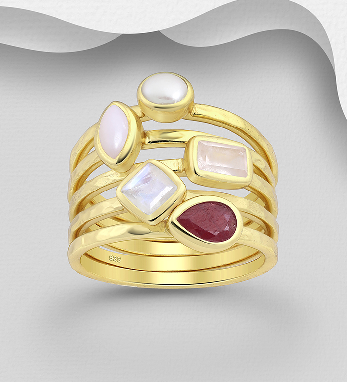 Desire by 7K - Wholesale 925 Sterling Silver Stack Ring, Decorated with Freshwater Pearl, Pink Opal, Rainbow Moonstone, Rose Quartz and Ruby, Plated with 0.3 Micron 18K Yellow Gold - SKU #2070-561