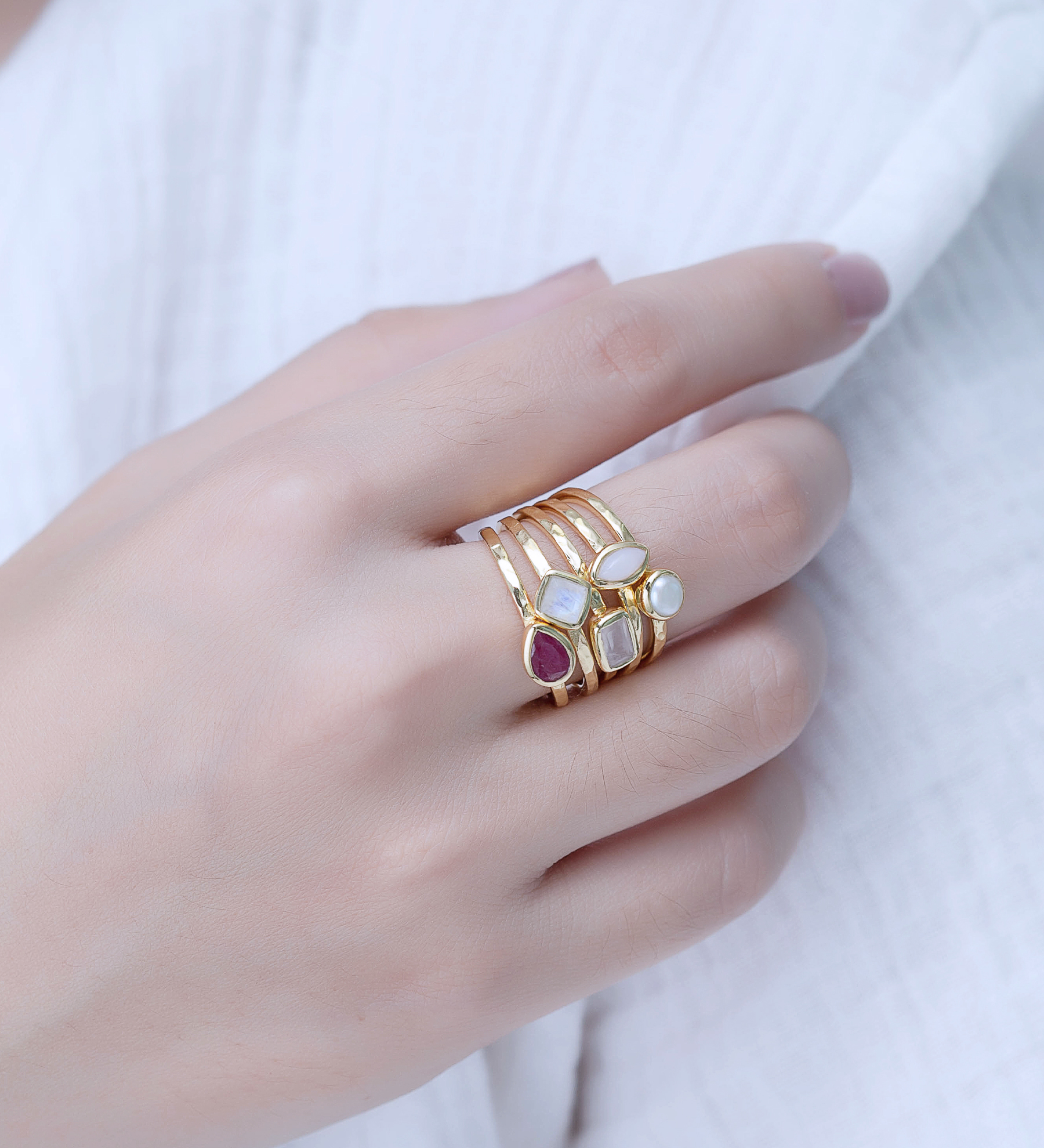 Desire by 7K - Wholesale 925 Sterling Silver Stack Ring, Decorated with Freshwater Pearl, Pink Opal, Rainbow Moonstone, Rose Quartz and Ruby, Plated with 0.3 Micron 18K Yellow Gold - SKU #2070-561