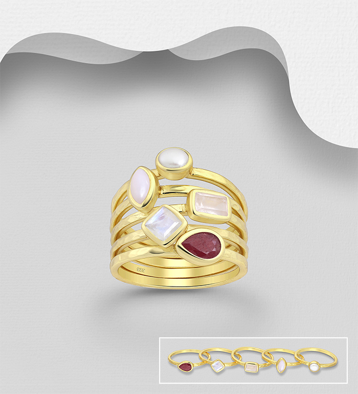 Desire by 7K - Wholesale 925 Sterling Silver Stack Ring, Decorated with Freshwater Pearl, Pink Opal, Rainbow Moonstone, Rose Quartz and Ruby, Plated with 0.3 Micron 18K Yellow Gold - SKU #2070-561