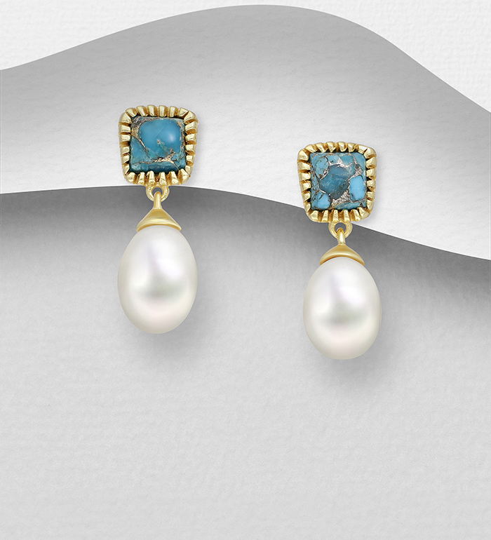 Desire by 7K - Wholesale 925 Sterling Silver Push Back Earrings, Decorated with Reconstructed Copper Turquoise and Freshwater Pearls, Plated with 0.3 Micron 18K Yellow Gold - SKU #2070-563