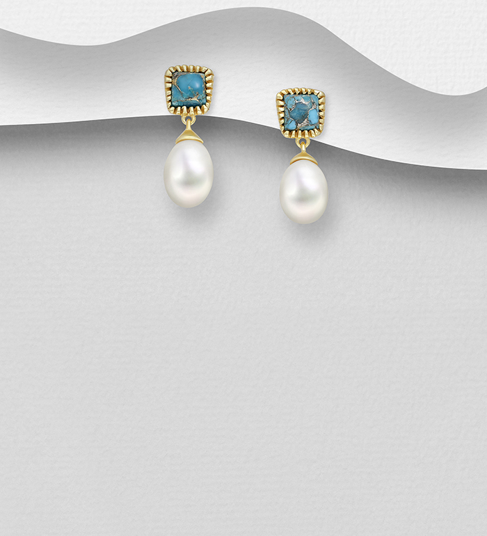 Desire by 7K - Wholesale 925 Sterling Silver Push Back Earrings, Decorated with Reconstructed Copper Turquoise and Freshwater Pearls, Plated with 0.3 Micron 18K Yellow Gold - SKU #2070-563