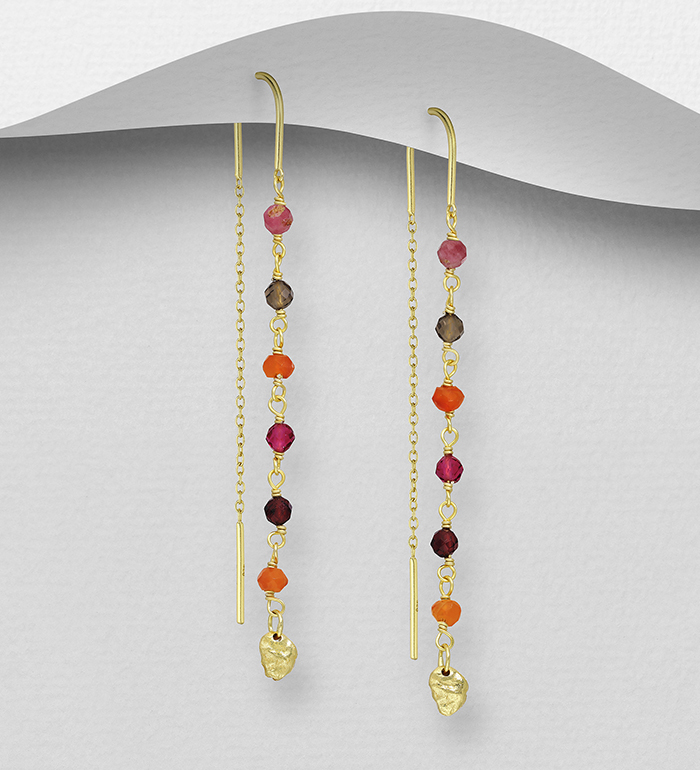 Desire by 7K - Wholesale 925 Sterling Silver Threader Earrings, Beaded with Garnet, Lab-Created Pink Tourmaline, Orange Jade, Pink Tourmaline, Smoky Quartz, Plated with 0.3 Micron 18K Yellow Gold - SKU #2070-571