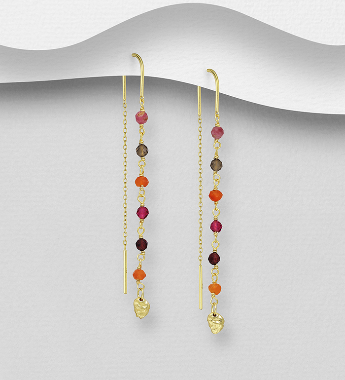 Desire by 7K - Wholesale 925 Sterling Silver Threader Earrings, Beaded with Garnet, Lab-Created Pink Tourmaline, Orange Jade, Pink Tourmaline, Smoky Quartz, Plated with 0.3 Micron 18K Yellow Gold - SKU #2070-571