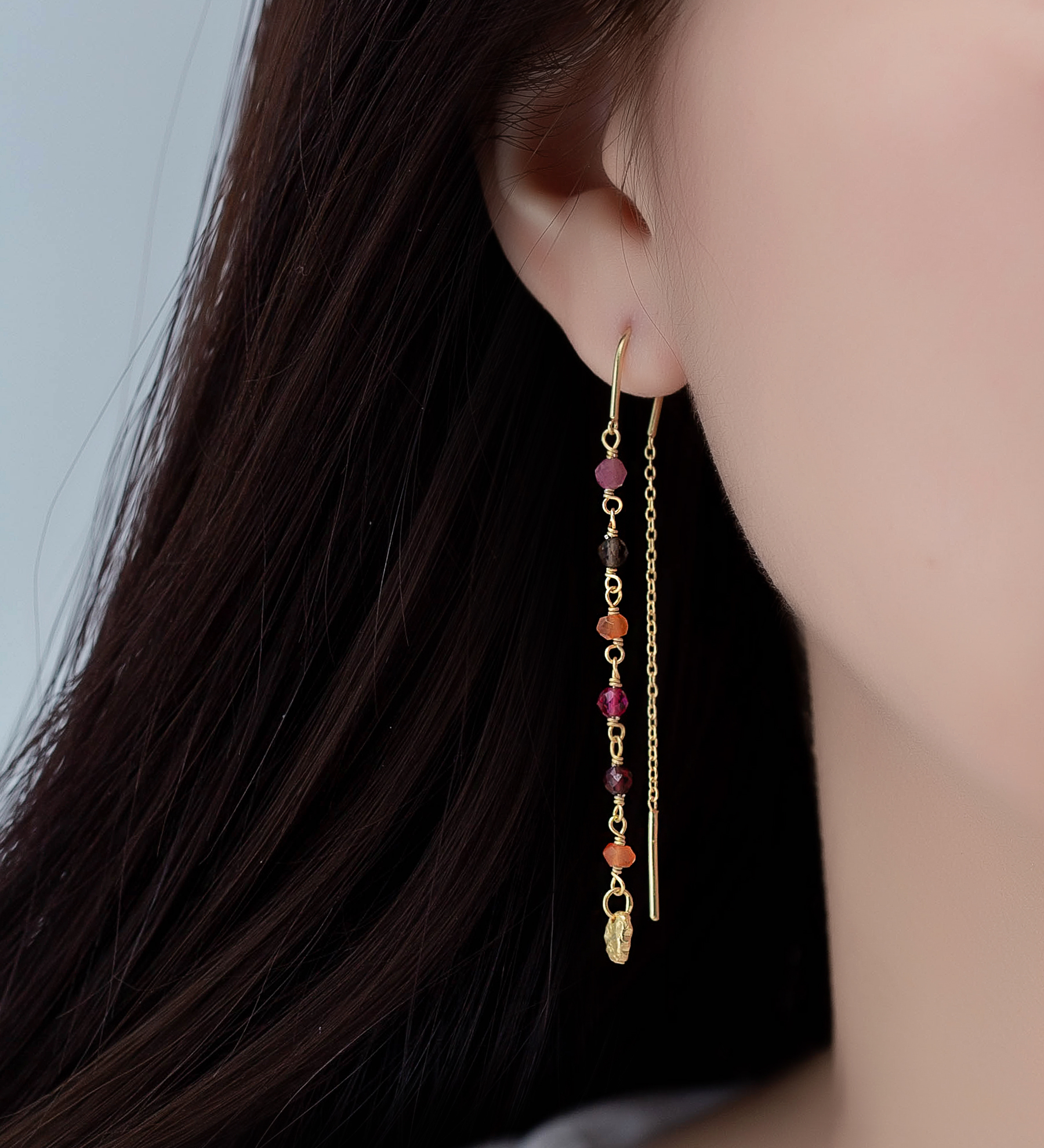 Desire by 7K - Wholesale 925 Sterling Silver Threader Earrings, Beaded with Garnet, Lab-Created Pink Tourmaline, Orange Jade, Pink Tourmaline, Smoky Quartz, Plated with 0.3 Micron 18K Yellow Gold - SKU #2070-571