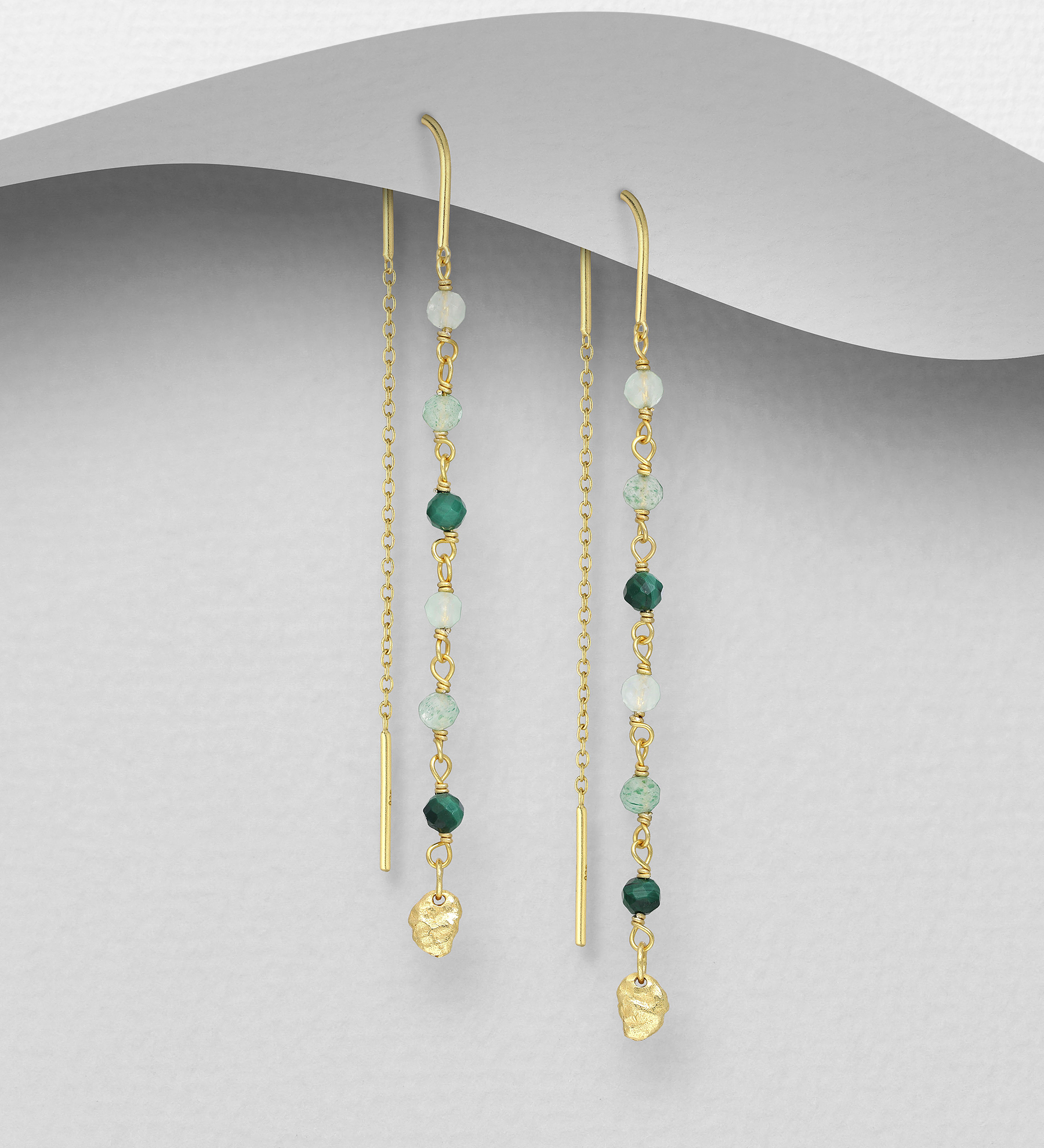 Wholesale 925 Sterling Silver Threader Earrings, Beaded with Green Aventurine, Malachite, Prehnite, Plated with 0.3 Micron 18K Yellow Gold - SKU #2070-571A