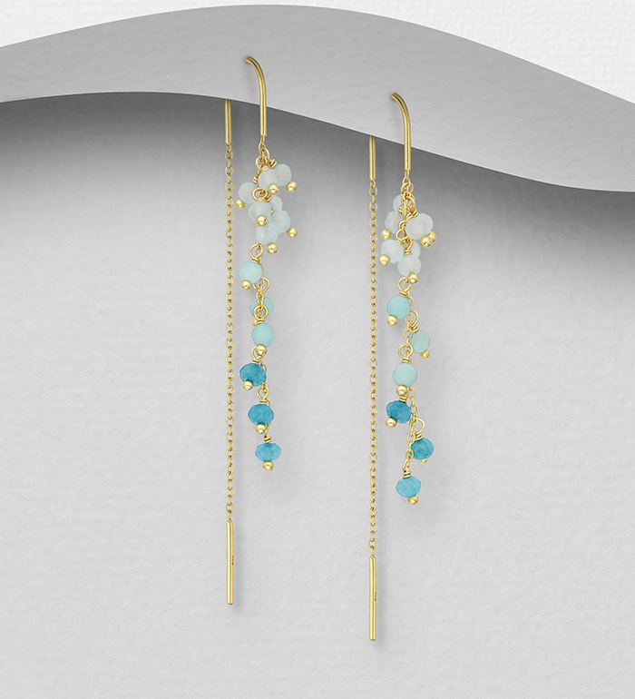 Wholesale 925 Sterling Silver Threader Earrings, Beaded with Amazonite, Milky Aquamarine, Neon Apatite Jade, Plated with 0.3 Micron 18K Yellow Gold - SKU #2070-573A
