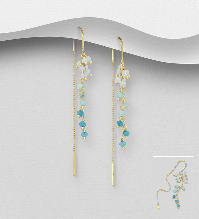 Wholesale 925 Sterling Silver Threader Earrings, Beaded with Amazonite, Milky Aquamarine, Neon Apatite Jade, Plated with 0.3 Micron 18K Yellow Gold - SKU #2070-573A