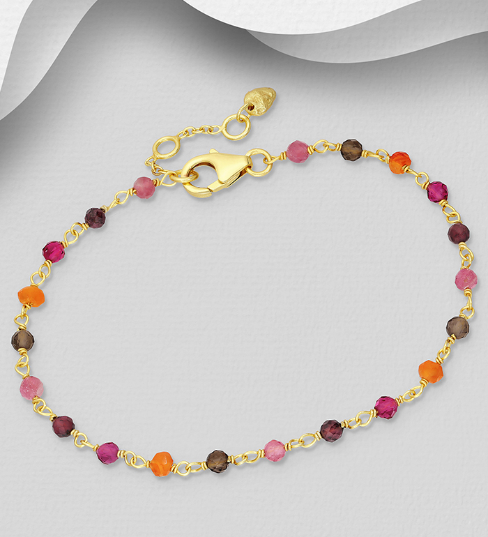 Desire by 7K - Wholesale 925 Sterling Silver Bracelet, Beaded with Pink Tourmaline, Garnet, Orange Jade, Smoky Quartz and Lab-Created Pink Tourmaline, Plated with 0.3 Micron 18K Yellow Gold - SKU #2070-576