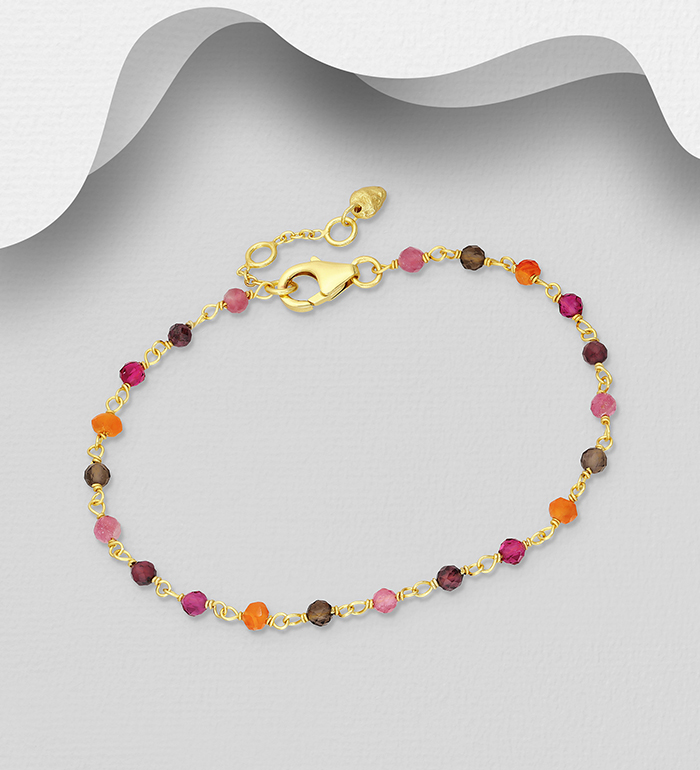 Desire by 7K - Wholesale 925 Sterling Silver Bracelet, Beaded with Pink Tourmaline, Garnet, Orange Jade, Smoky Quartz and Lab-Created Pink Tourmaline, Plated with 0.3 Micron 18K Yellow Gold - SKU #2070-576